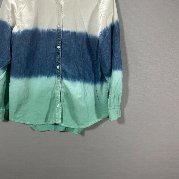 Chicos Blouse Womens Large Blue Green White Cotton Gradient Dye Button Up Shirt - Picture 2 of 7